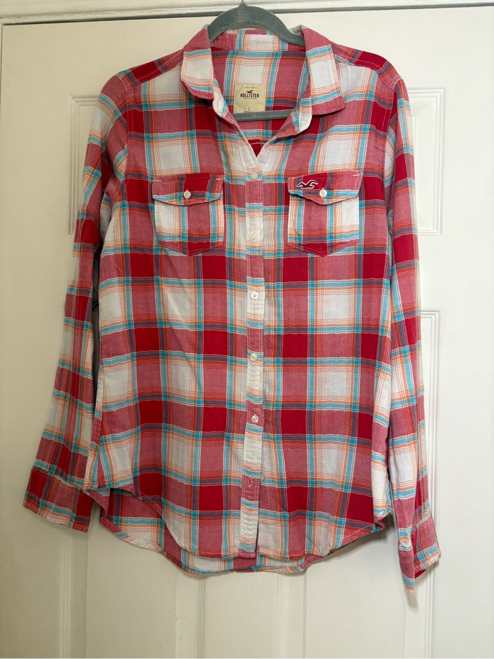 vintage Hollister Plaid Flannel Shirt Pink Blue White Large Women ‘s